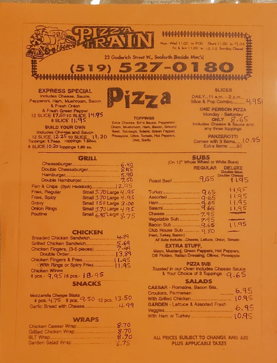 Menu, Pizza Train