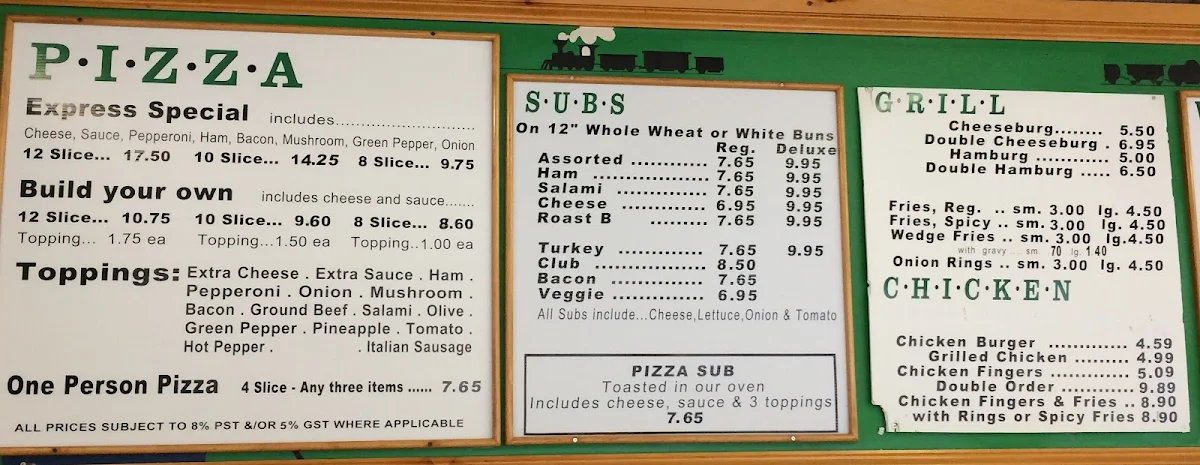Menu, Pizza Train