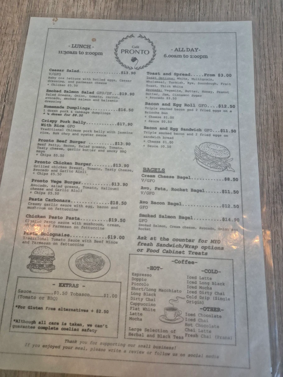 Menu, Cafe Pronto