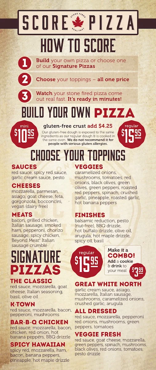 Menu, Score Pizza