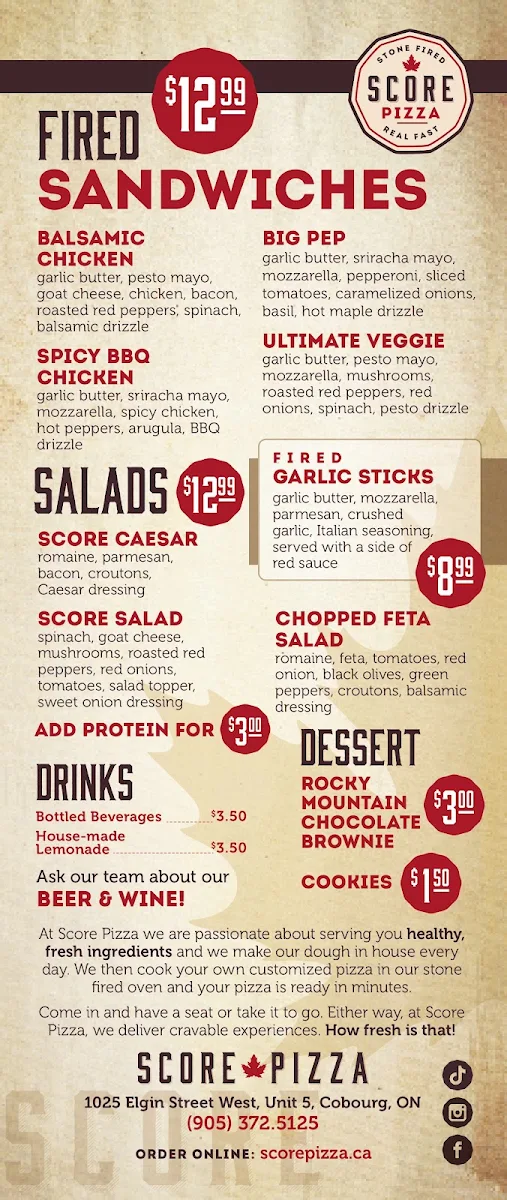 Menu, Score Pizza