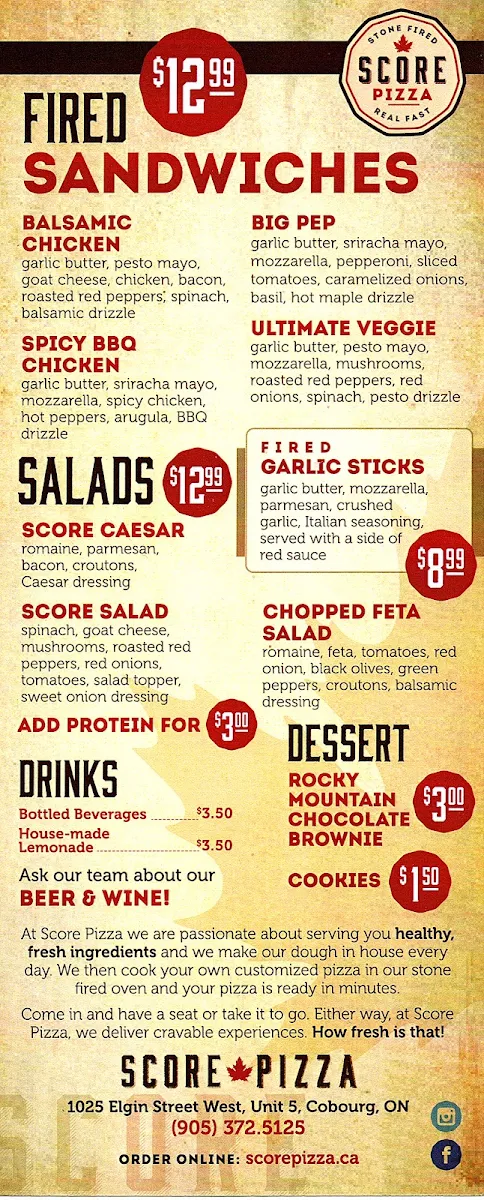 Menu, Score Pizza