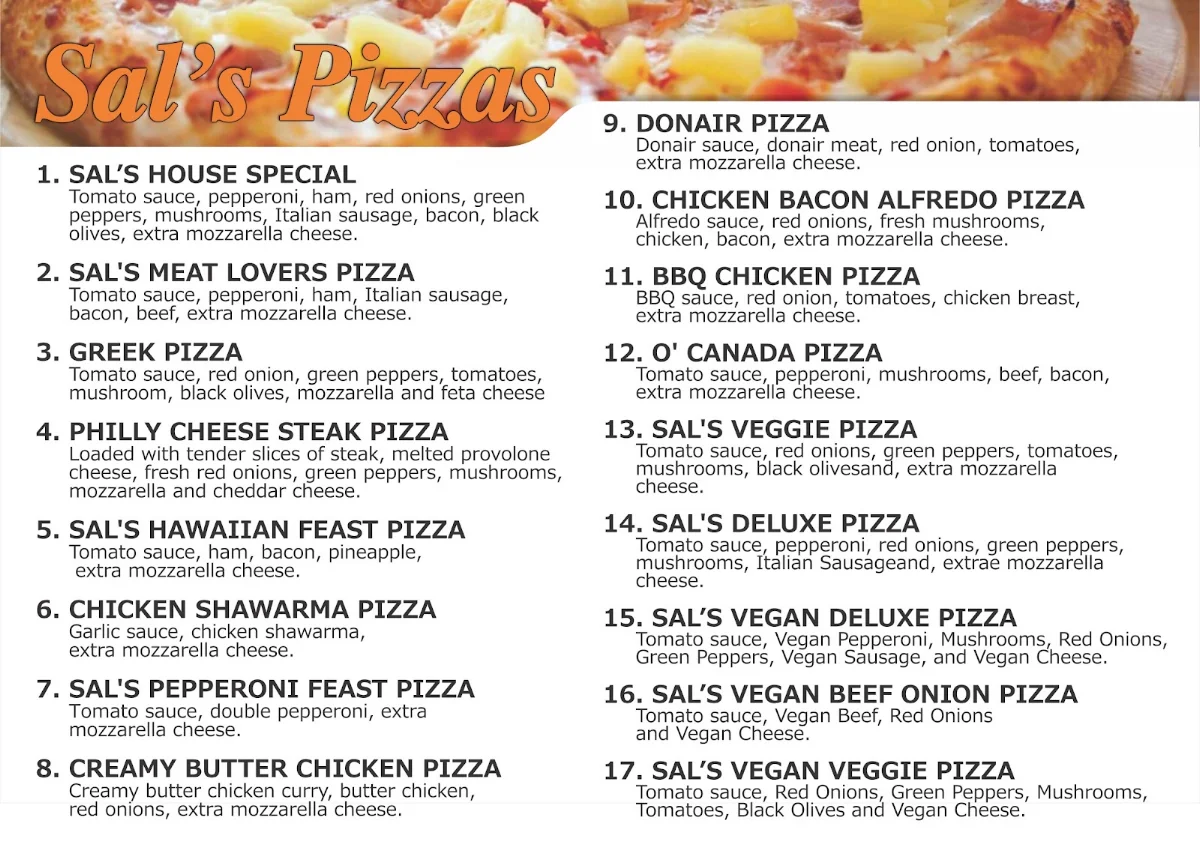 Menu, Sal's Pizza