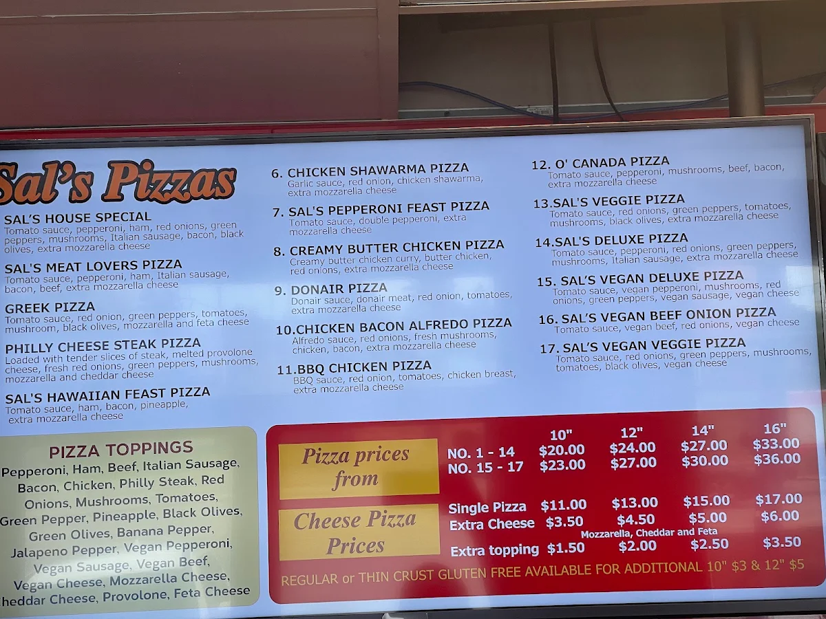 Menu, Sal's Pizza