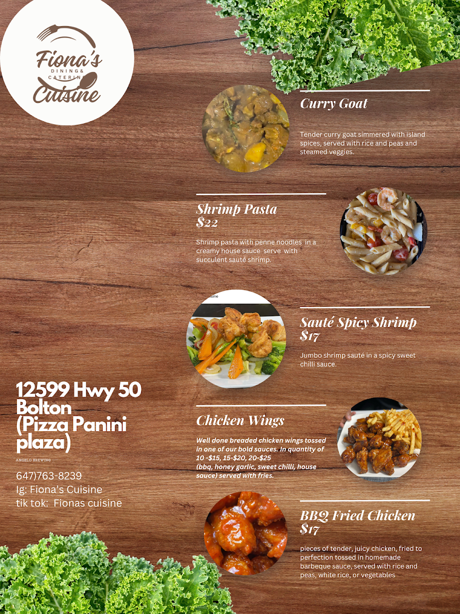 Menu, Fiona's Cuisine