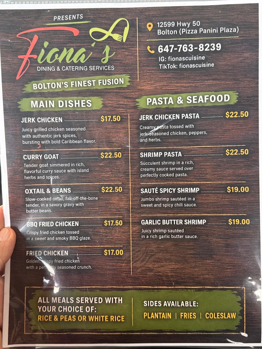Menu, Fiona's Cuisine