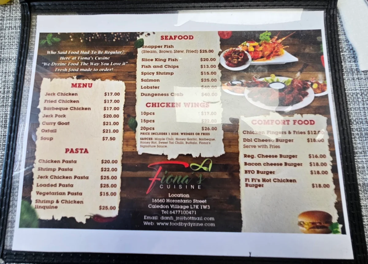 Menu, Fiona's Cuisine