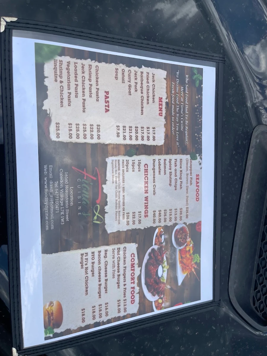Menu, Fiona's Cuisine