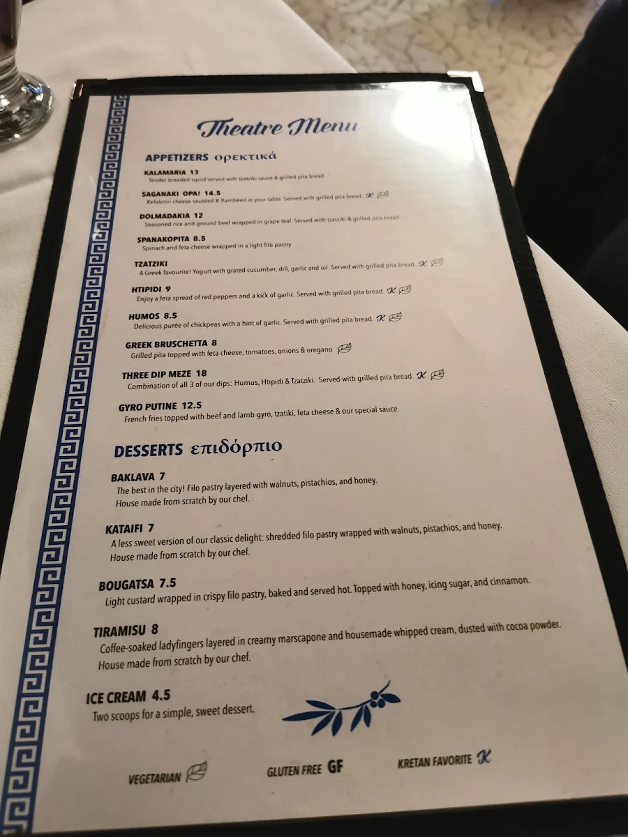 Menu, Three Kretans Greek Restaurant