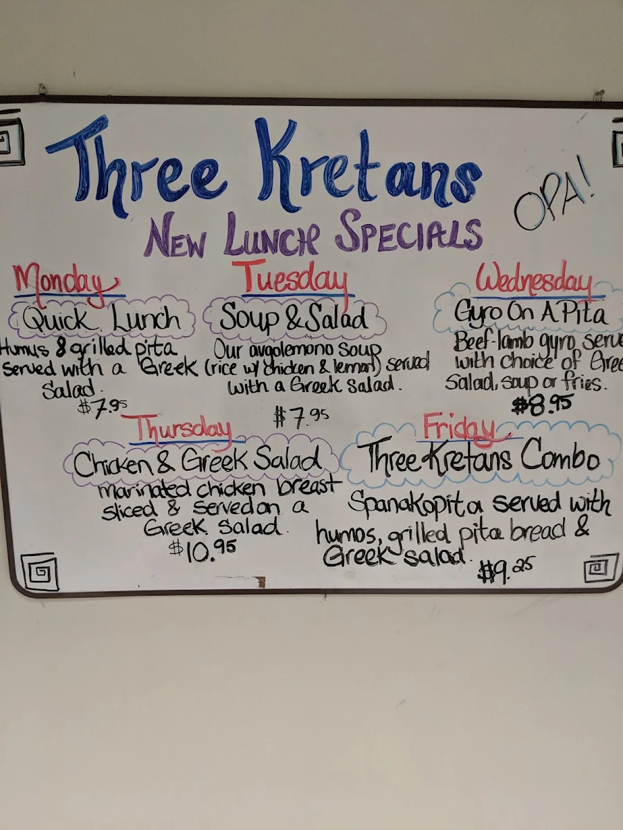 Menu, Three Kretans Greek Restaurant