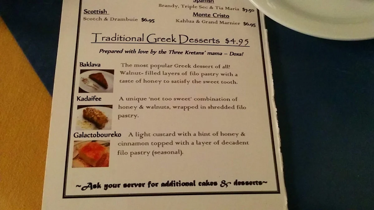 Menu, Three Kretans Greek Restaurant