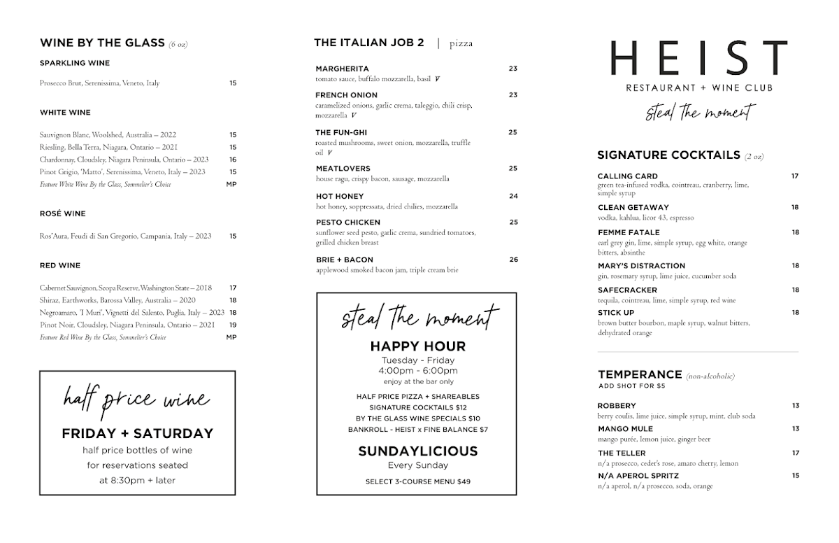 Menu, HEIST Restaurant + Wine Club