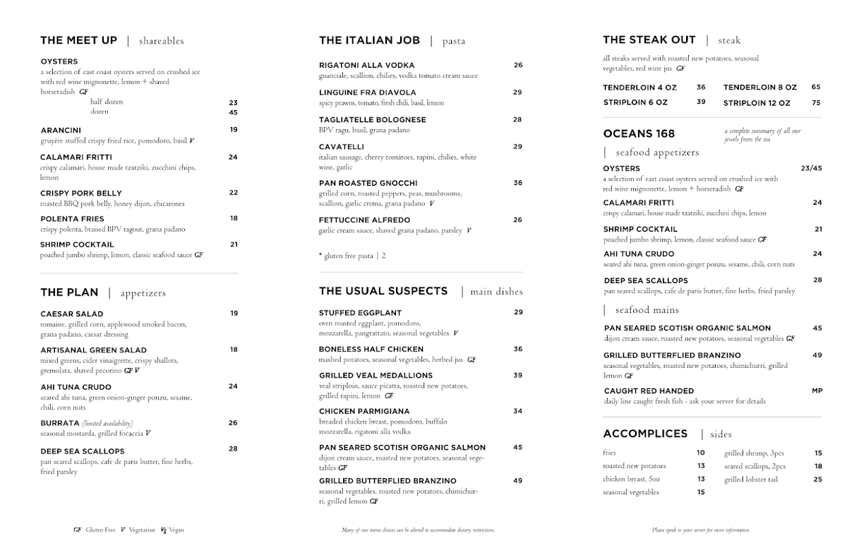 Menu, HEIST Restaurant + Wine Club