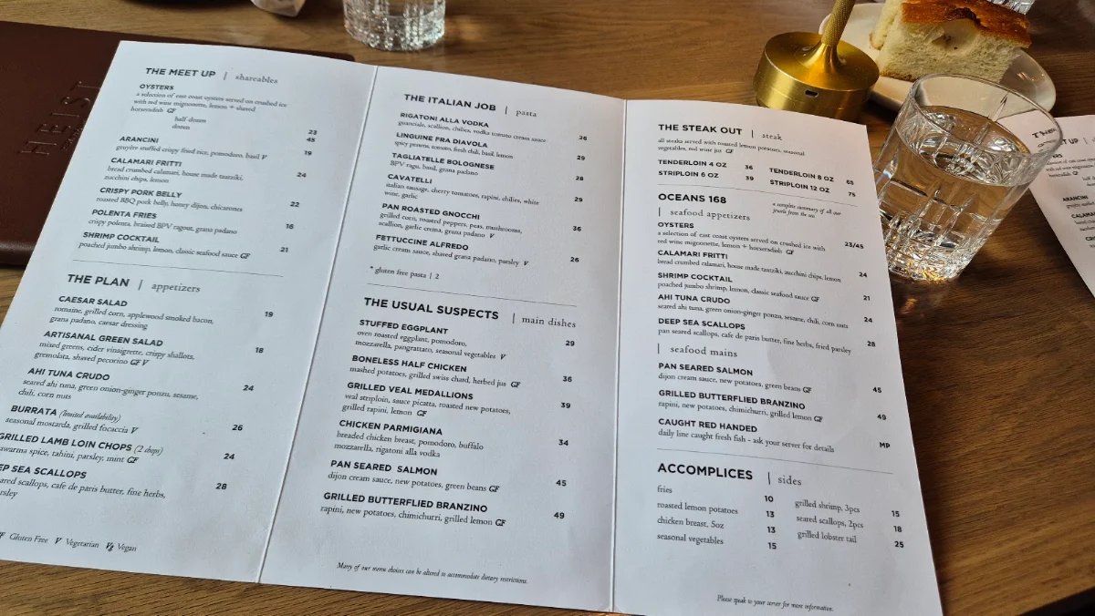 Menu, HEIST Restaurant + Wine Club