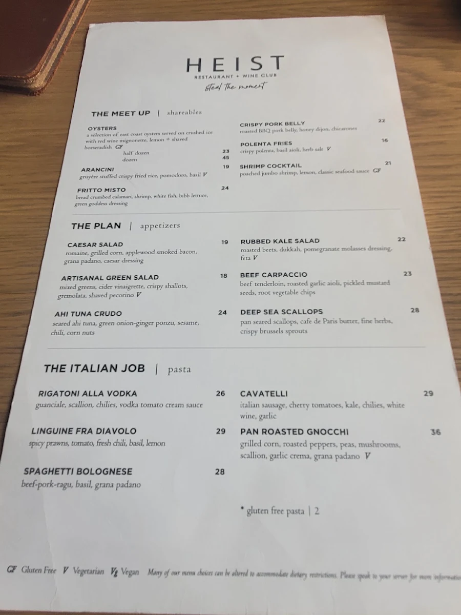 Menu, HEIST Restaurant + Wine Club