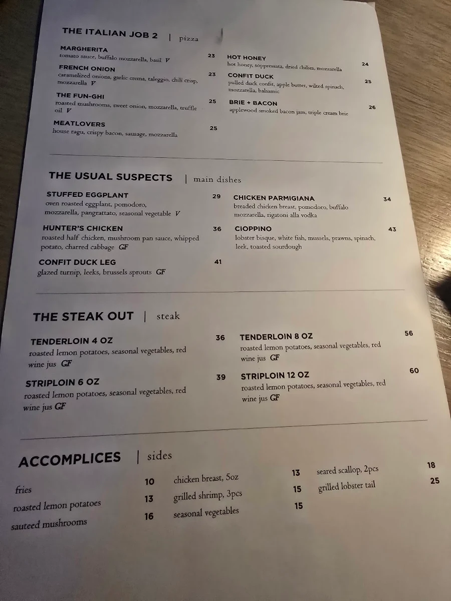 Menu, HEIST Restaurant + Wine Club
