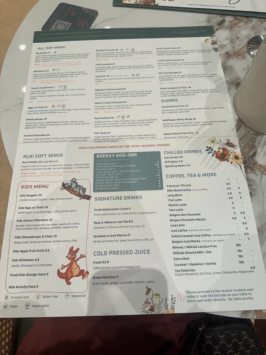 Menu, Wildflower Society - Blacktown