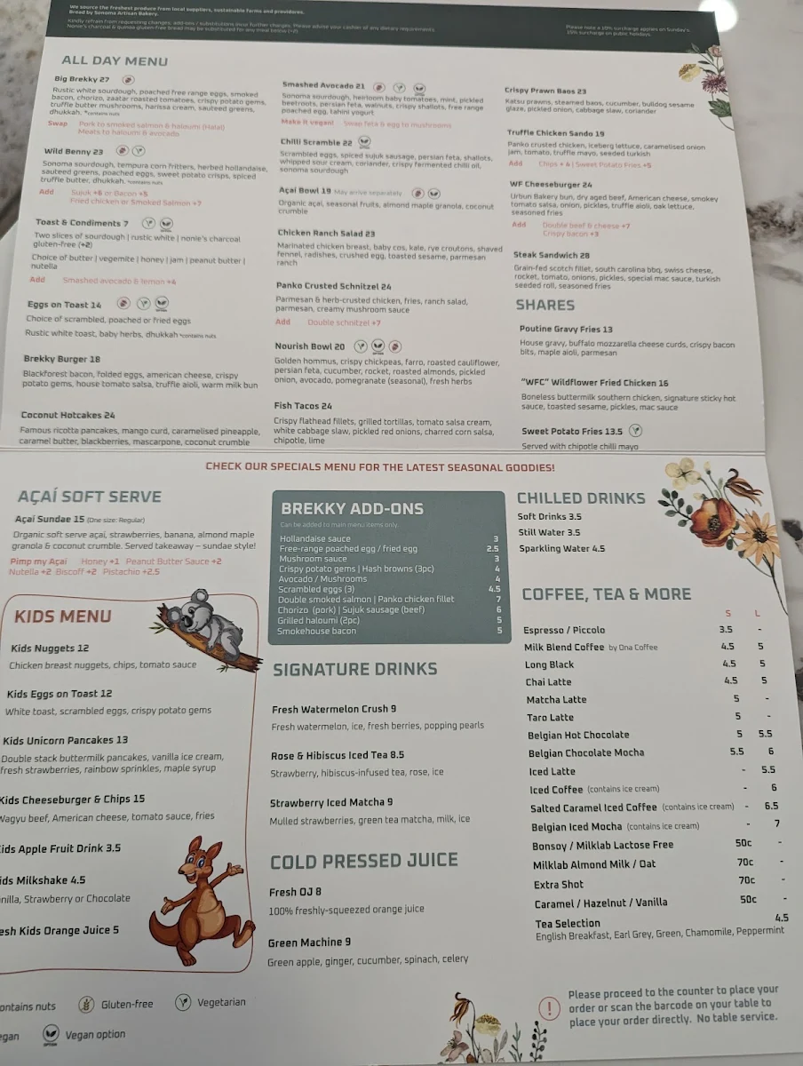 Menu, Wildflower Society - Blacktown