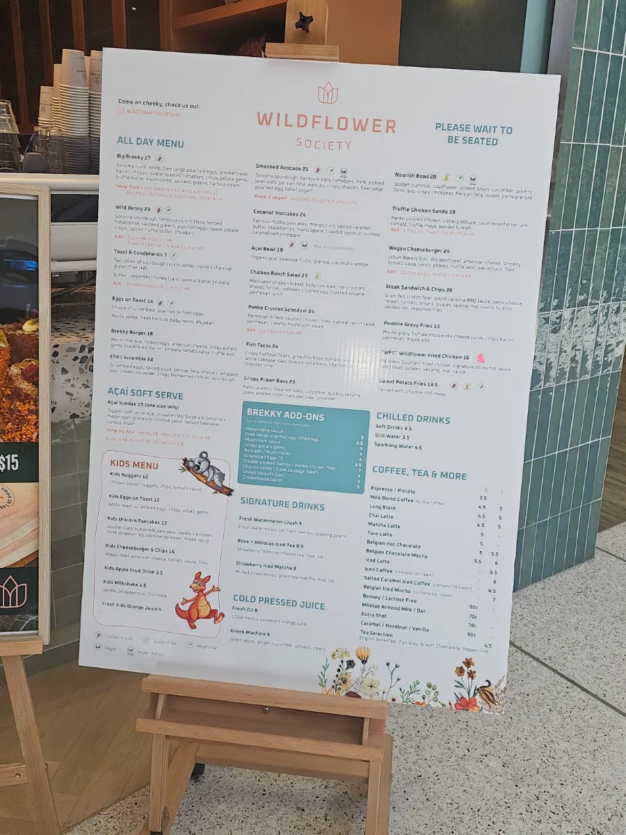 Menu, Wildflower Society - Blacktown