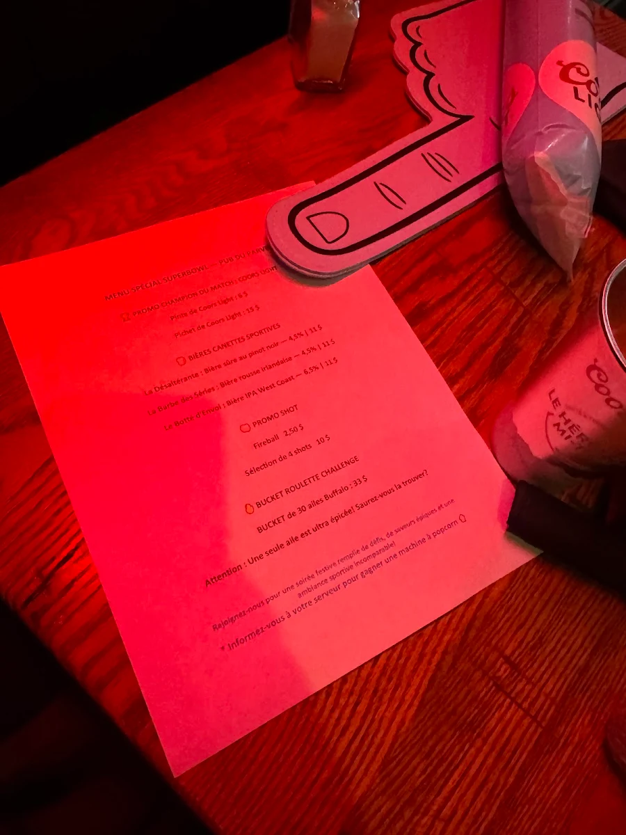 Menu, Pub du Parvis