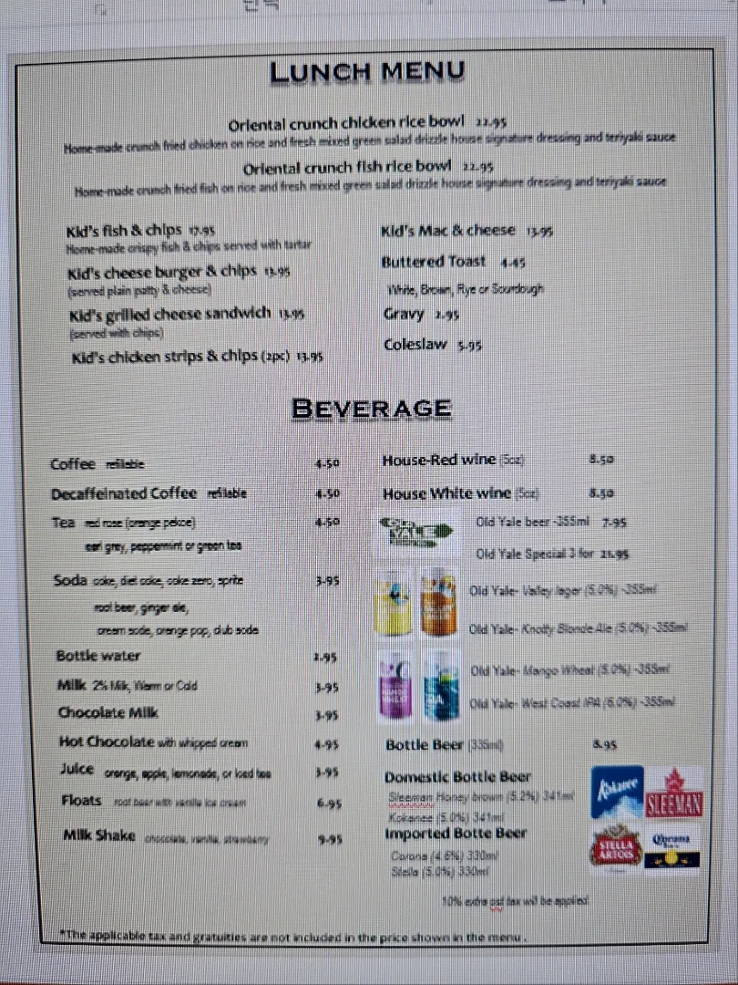 Menu, Lakeview Restaurant