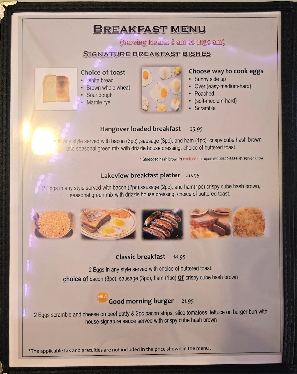 Menu, Lakeview Restaurant