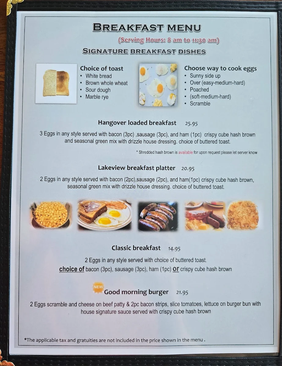 Menu, Lakeview Restaurant