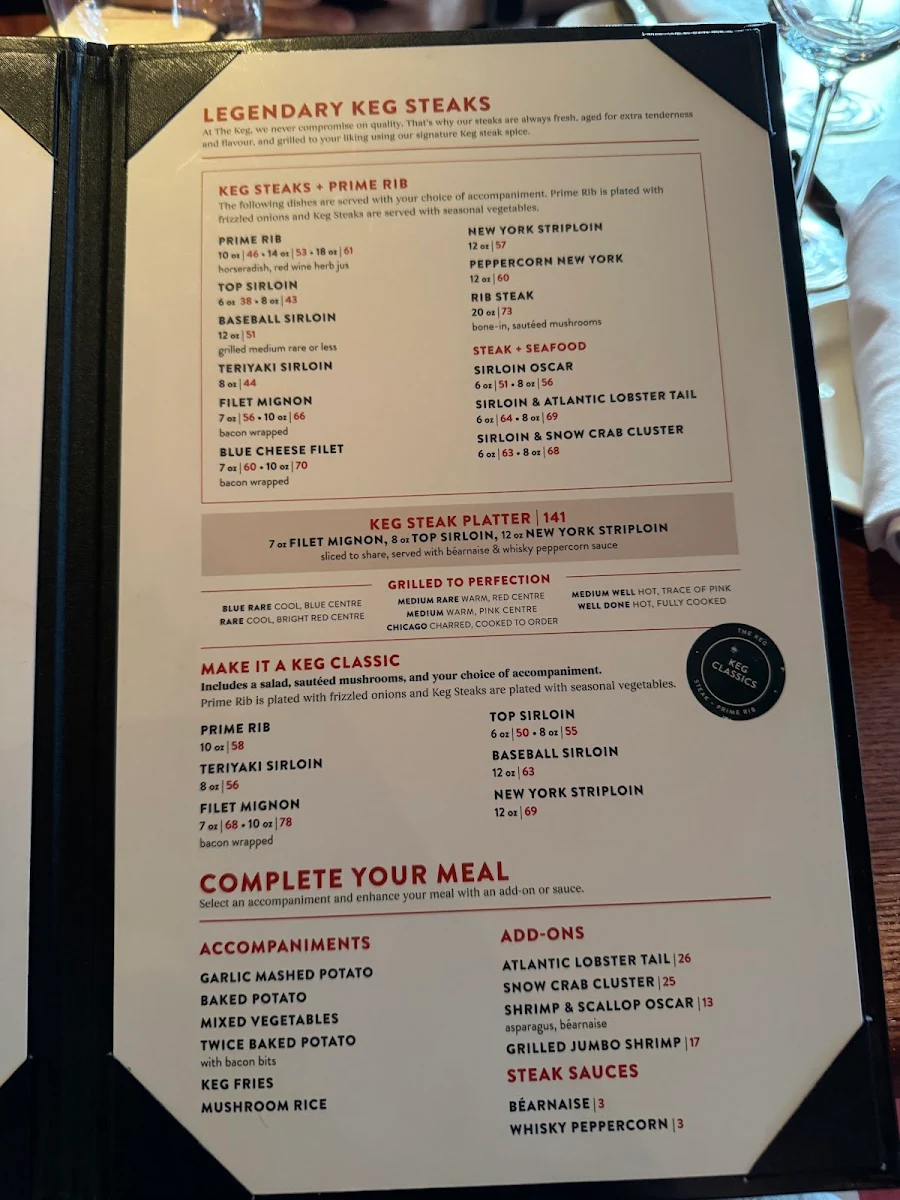 Menu, The Keg Steakhouse + Bar - Place Ville Marie