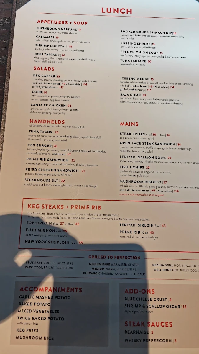 Menu, The Keg Steakhouse + Bar - Place Ville Marie