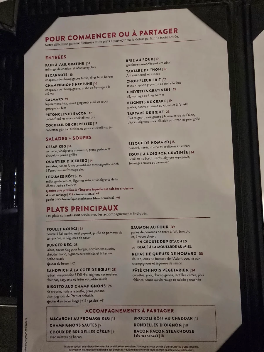 Menu, The Keg Steakhouse + Bar - Place Ville Marie