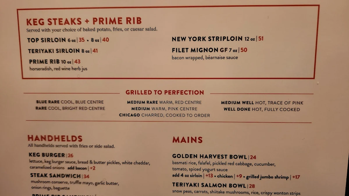 Menu, The Keg Steakhouse + Bar - Place Ville Marie