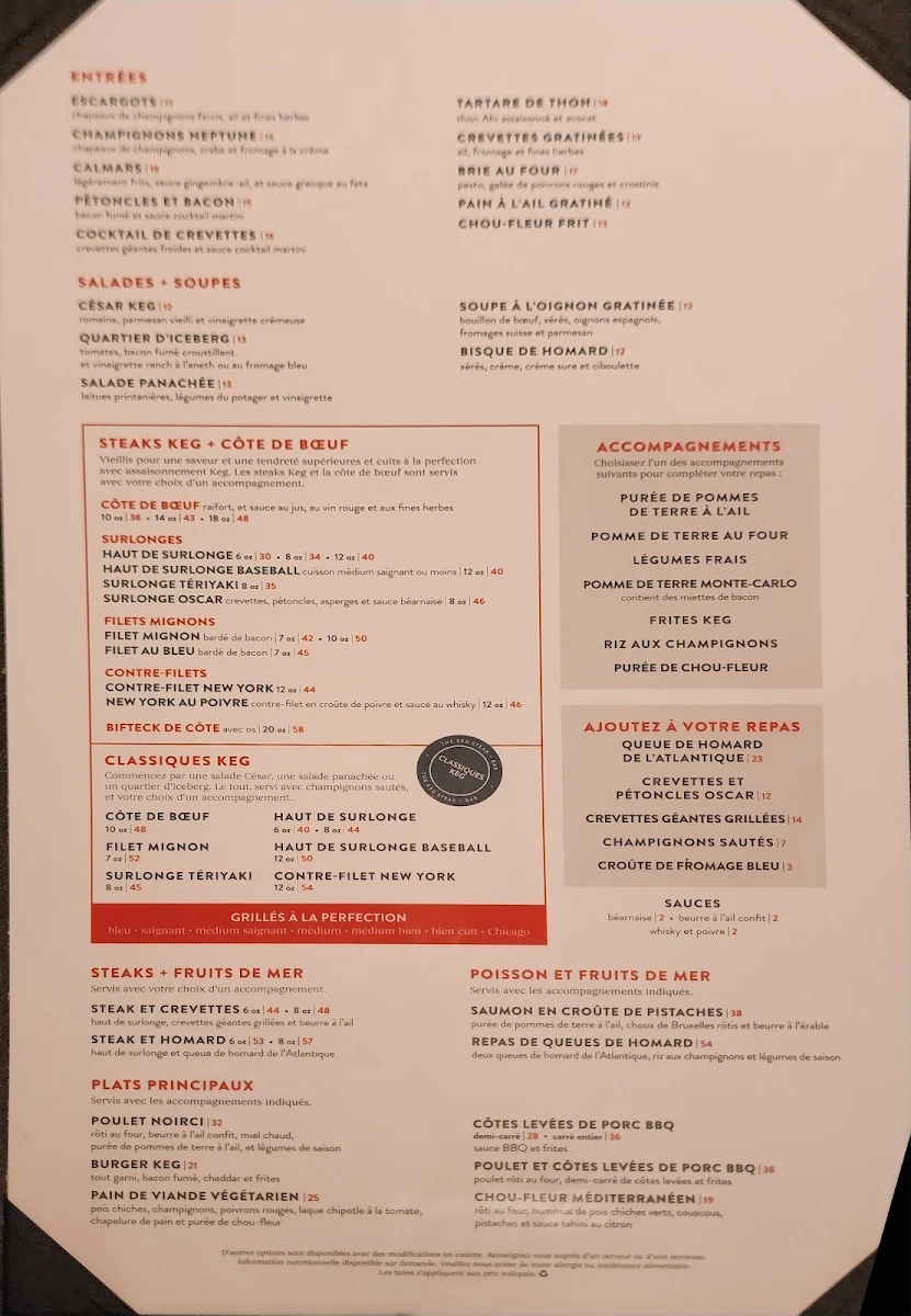 Menu, The Keg Steakhouse + Bar - Place Ville Marie