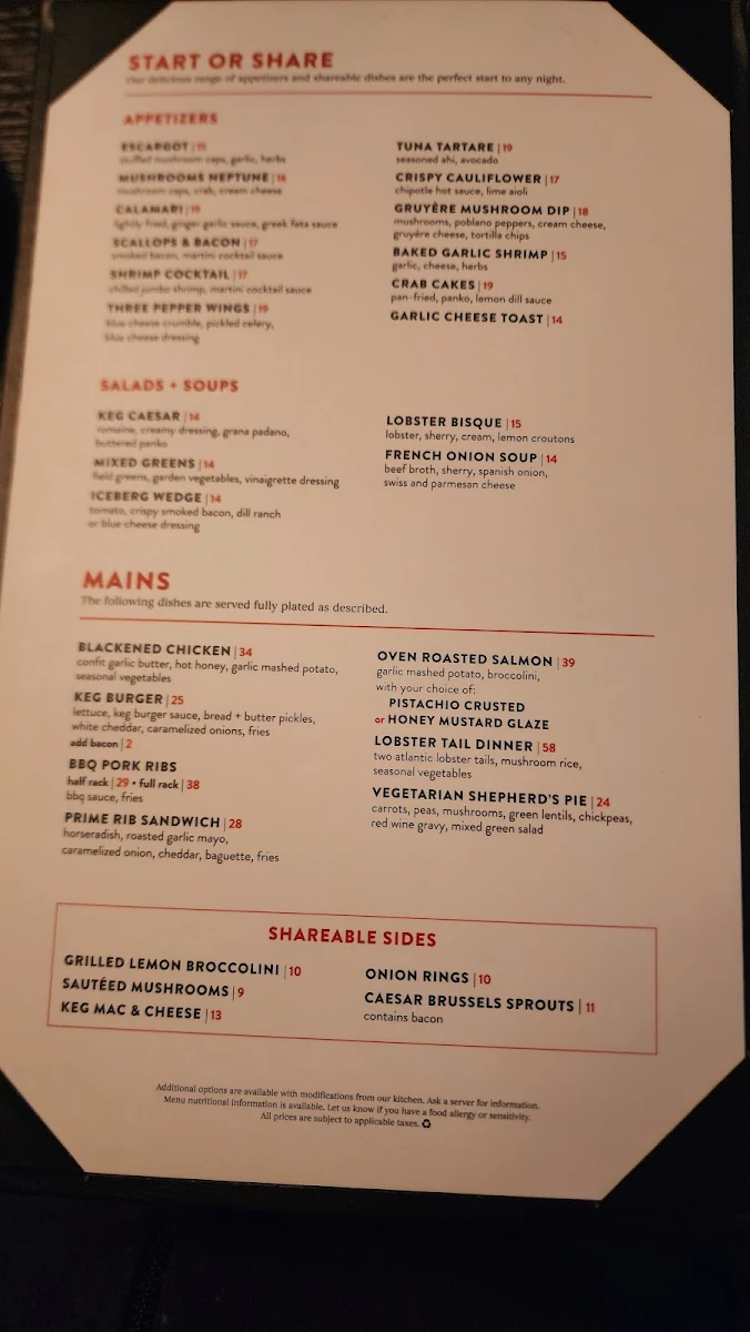 Menu, The Keg Steakhouse + Bar - Place Ville Marie