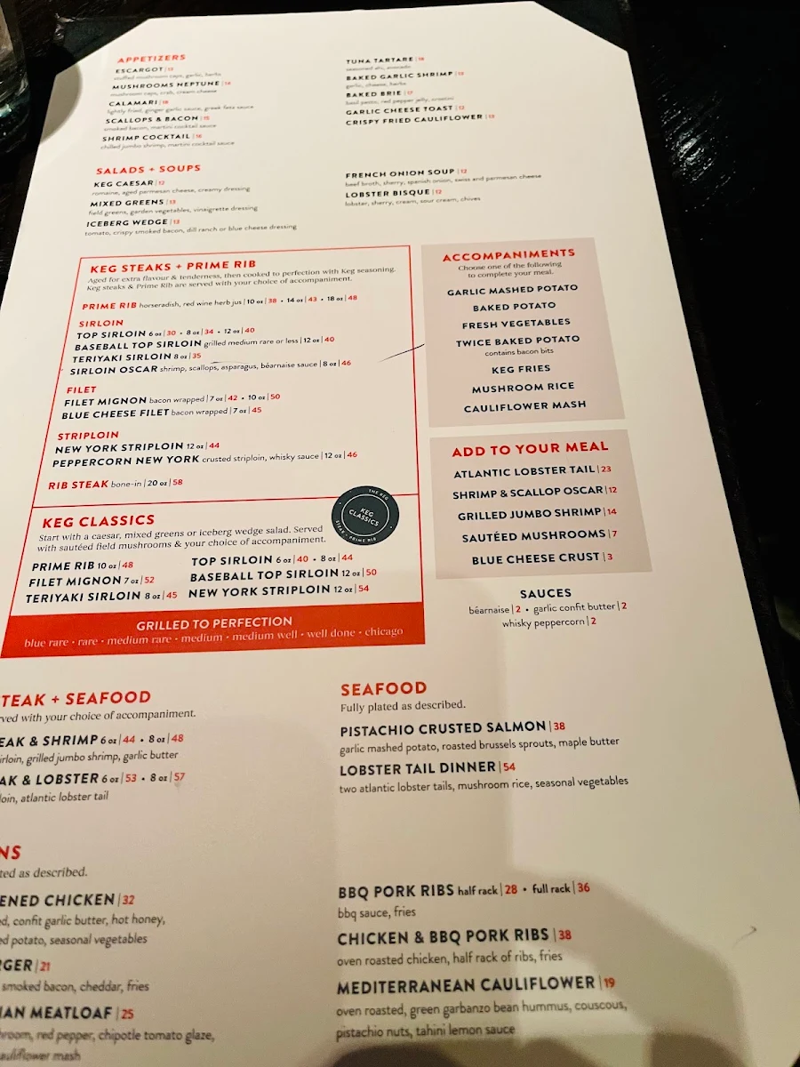Menu, The Keg Steakhouse + Bar - Place Ville Marie