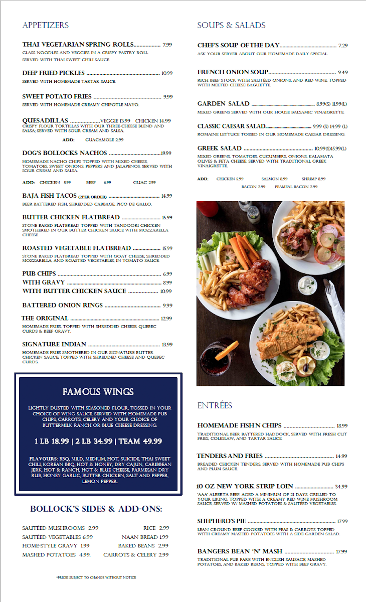 Menu, The Dog's Bollocks Pub