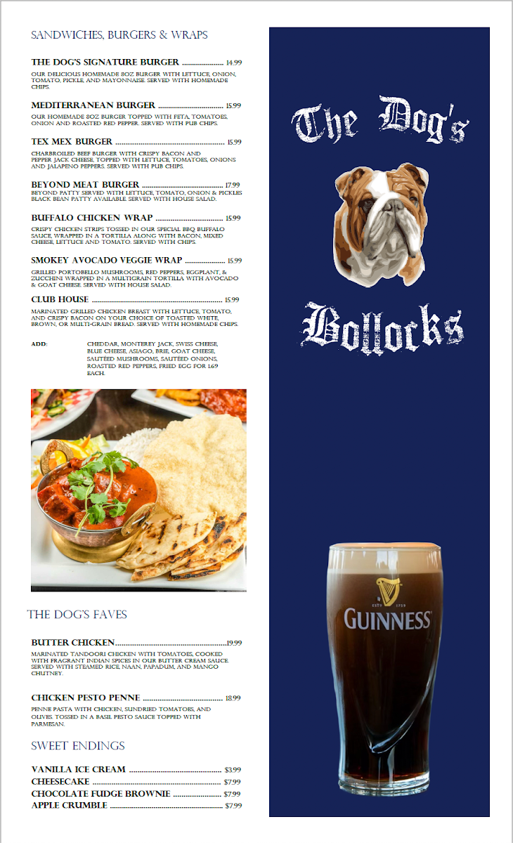 Menu, The Dog's Bollocks Pub