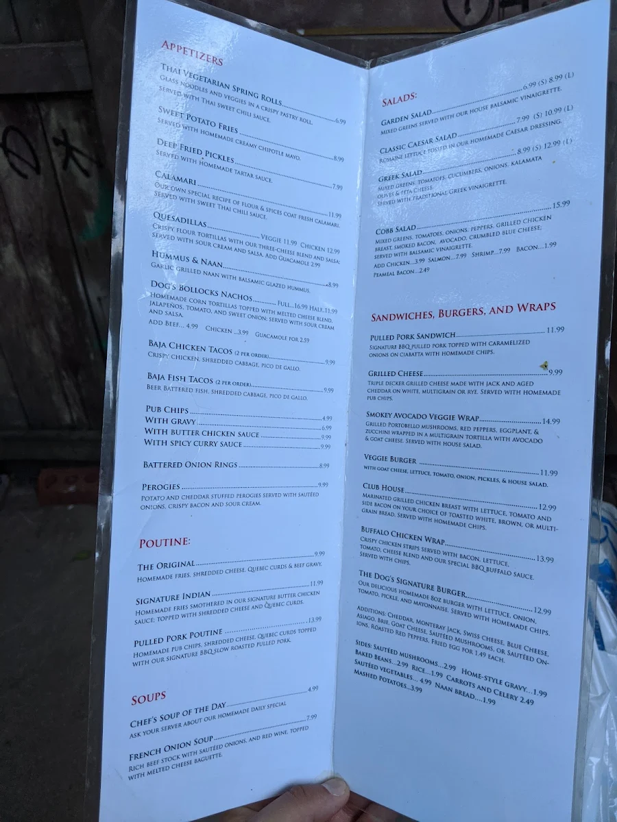 Menu, The Dog's Bollocks Pub