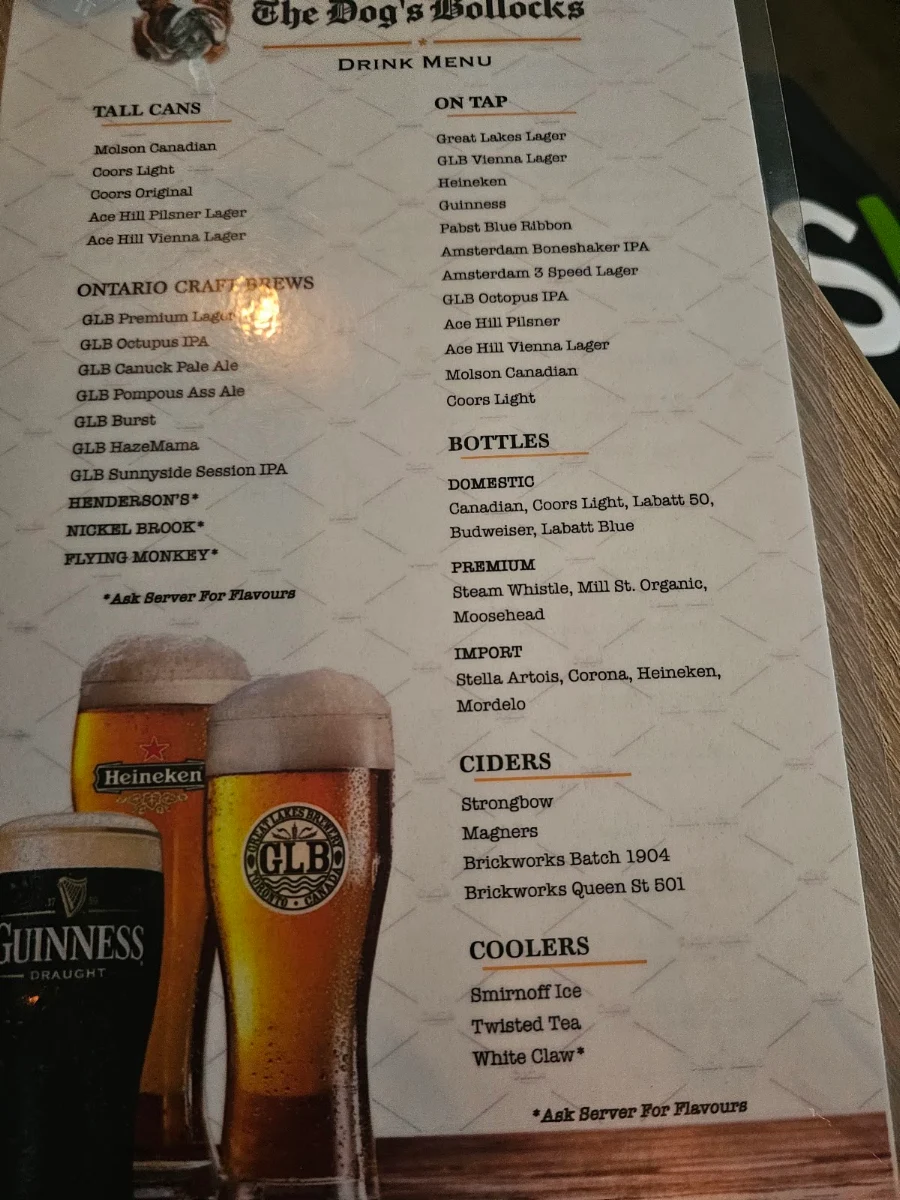 Menu, The Dog's Bollocks Pub