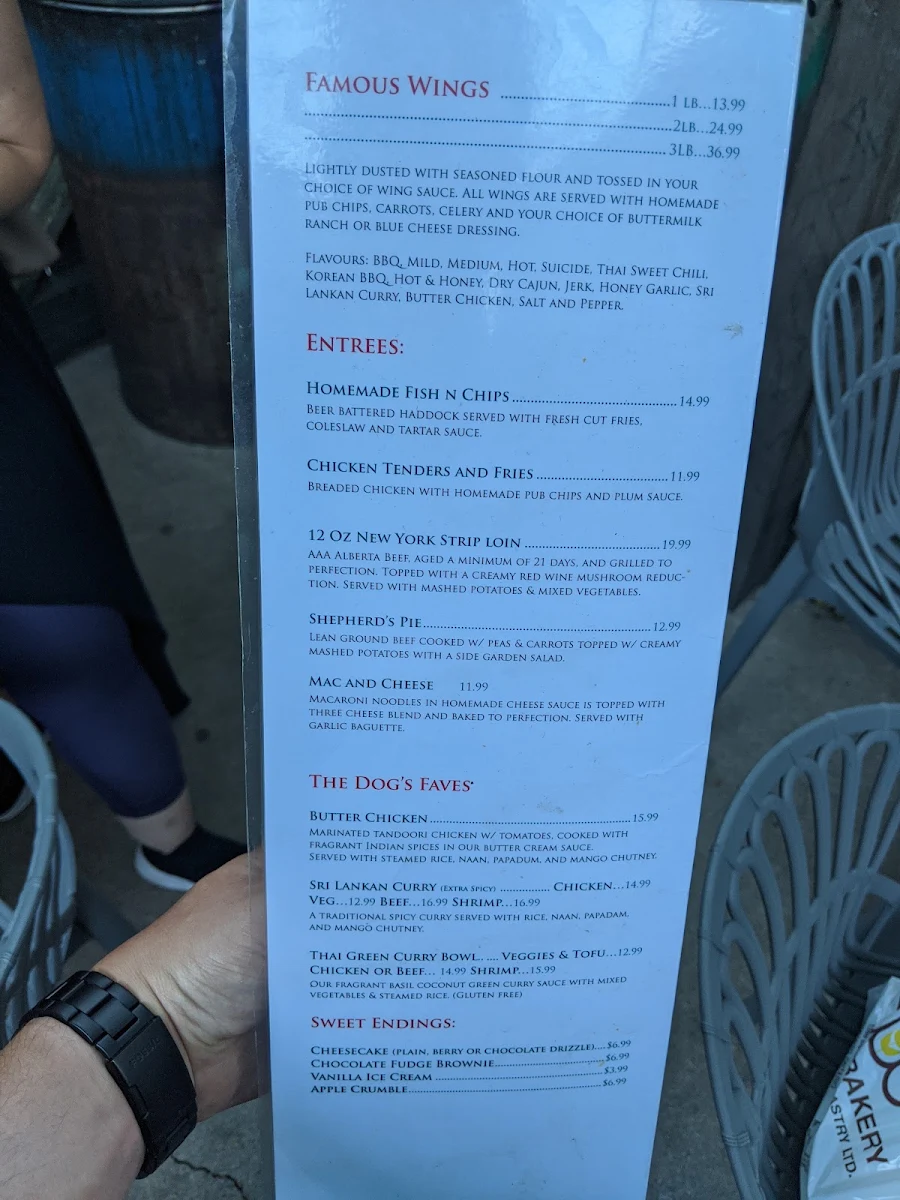Menu, The Dog's Bollocks Pub