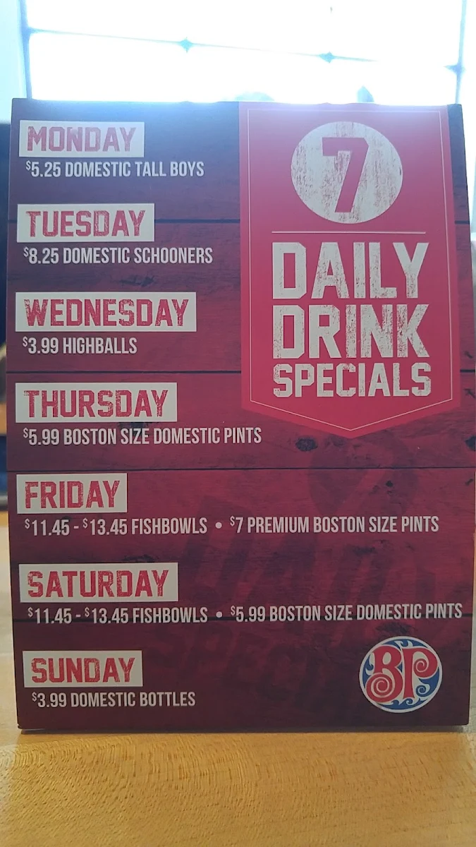 Menu, Boston Pizza