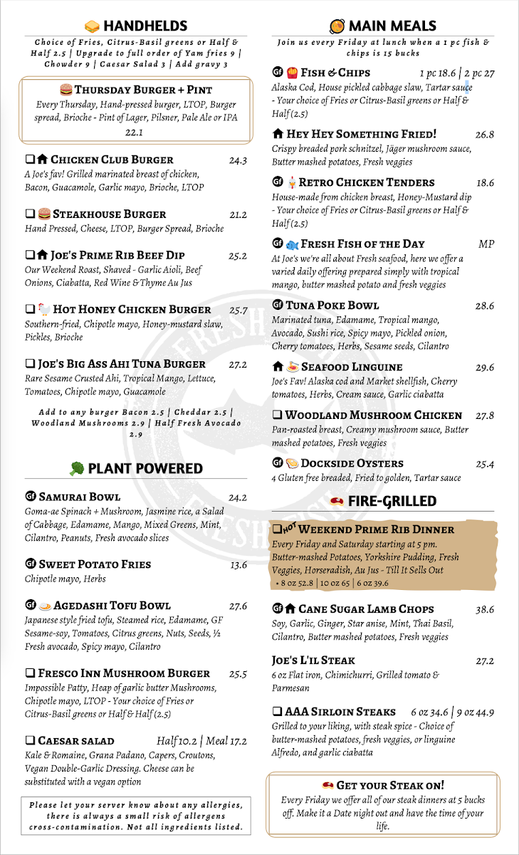 Menu, Joe's on the Beach