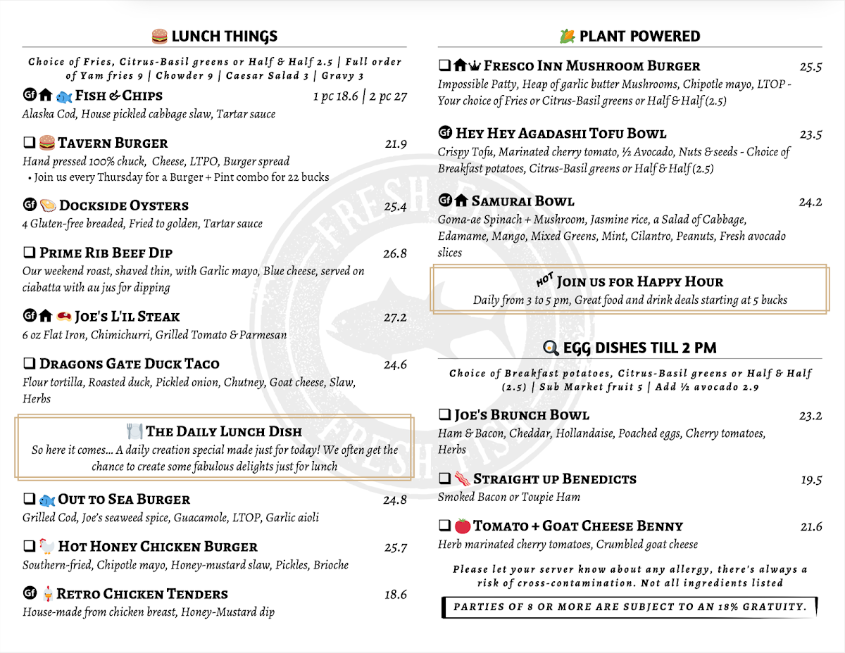Menu, Joe's on the Beach