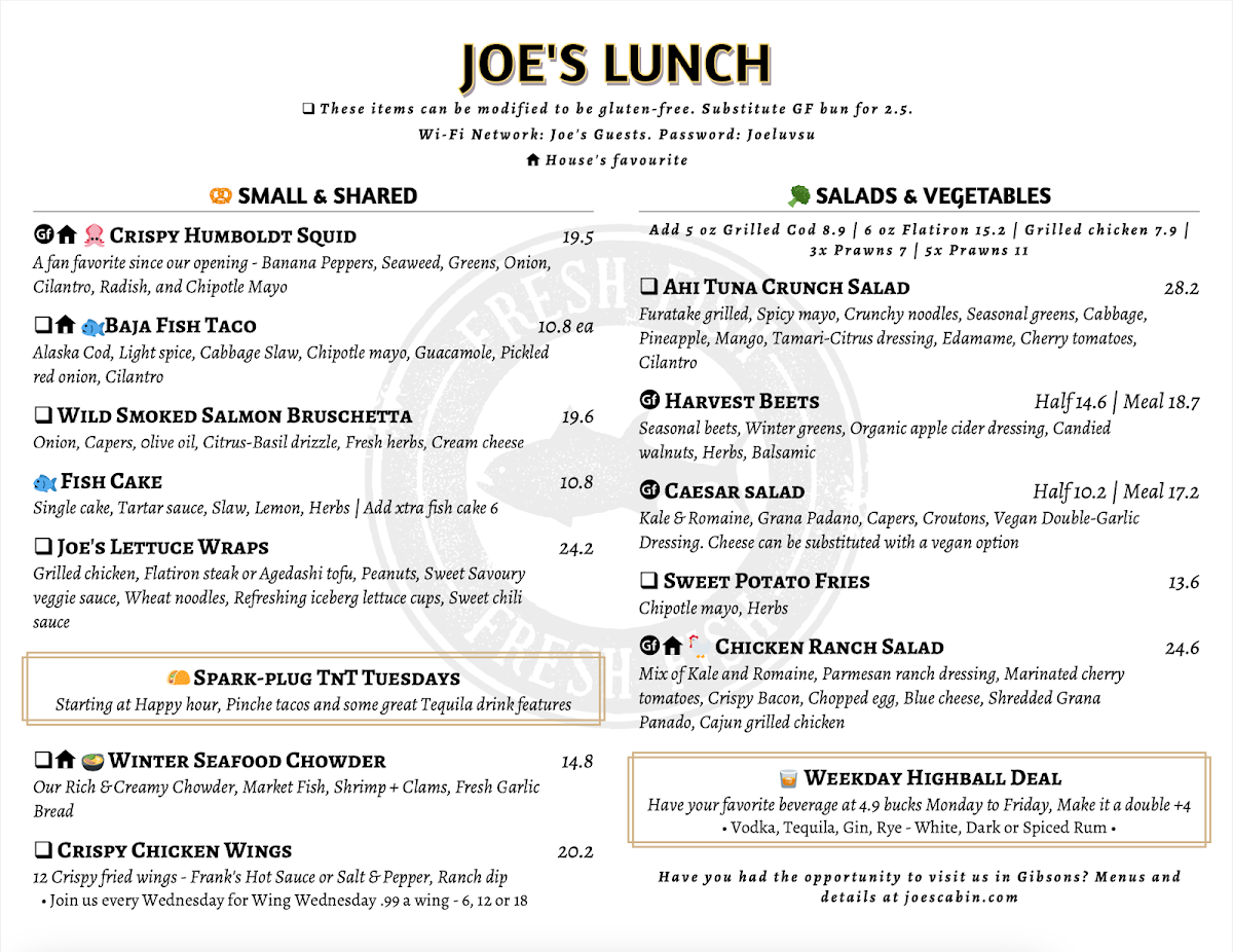 Menu, Joe's on the Beach