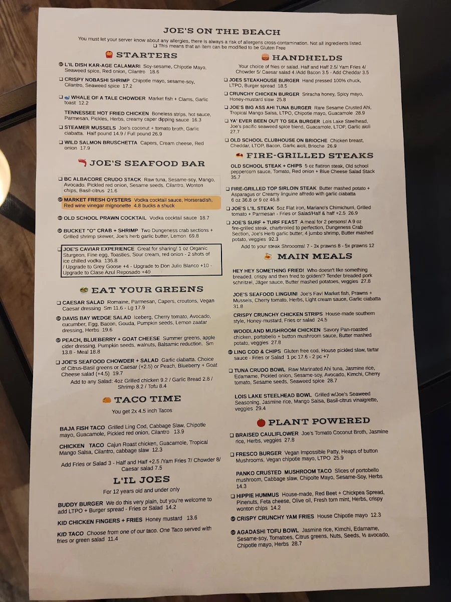 Menu, Joe's on the Beach