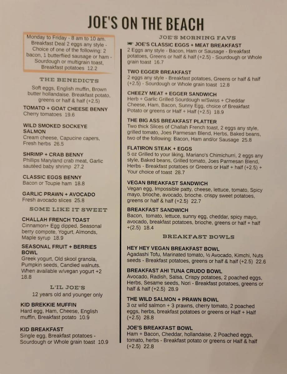 Menu, Joe's on the Beach
