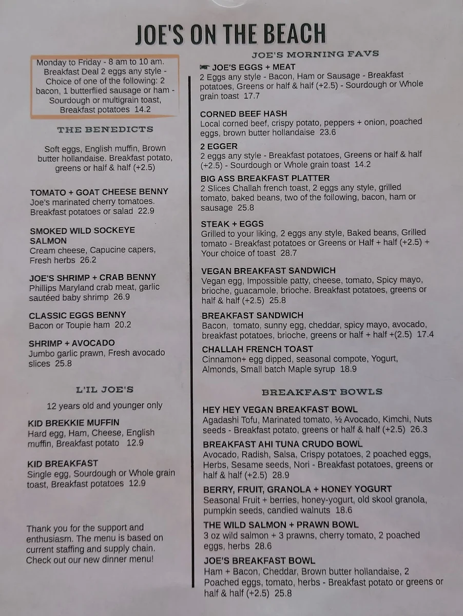 Menu, Joe's on the Beach