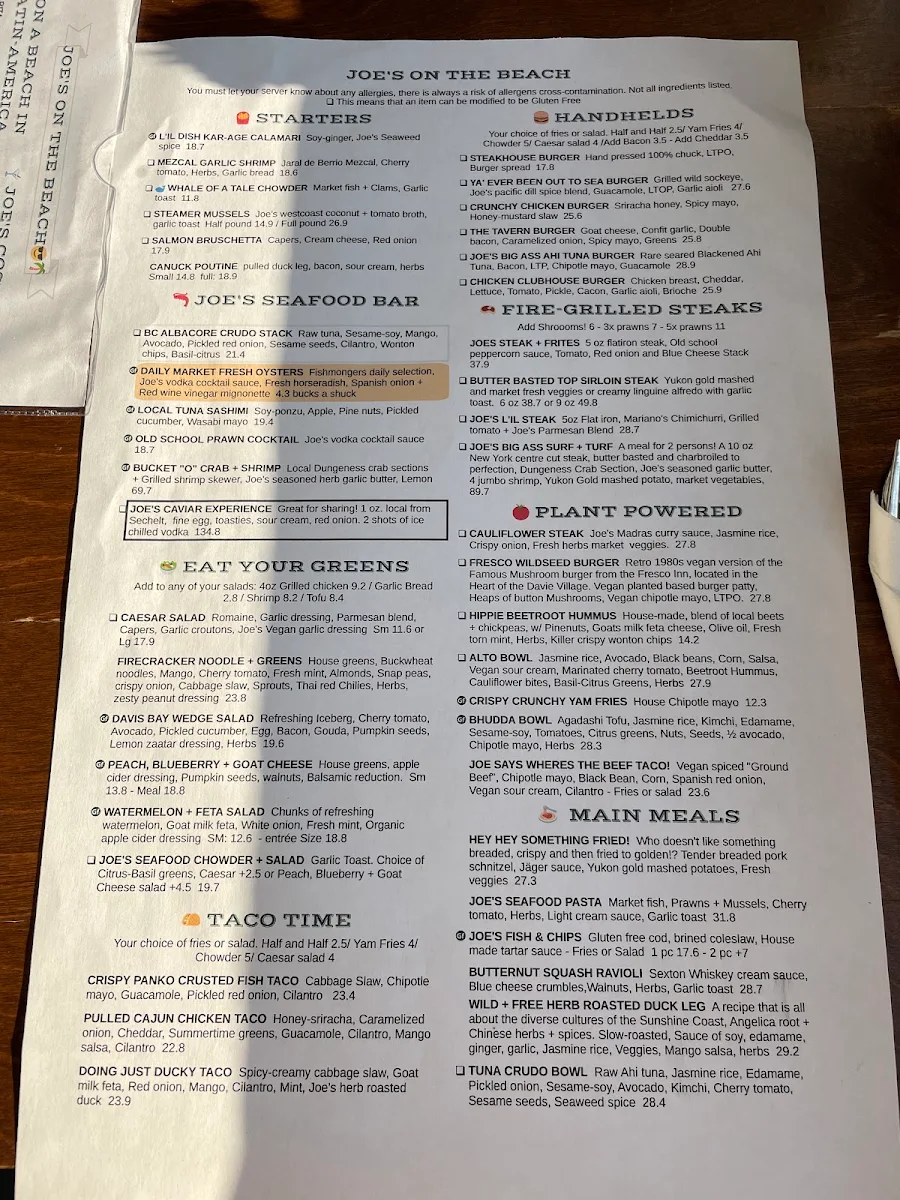 Menu, Joe's on the Beach