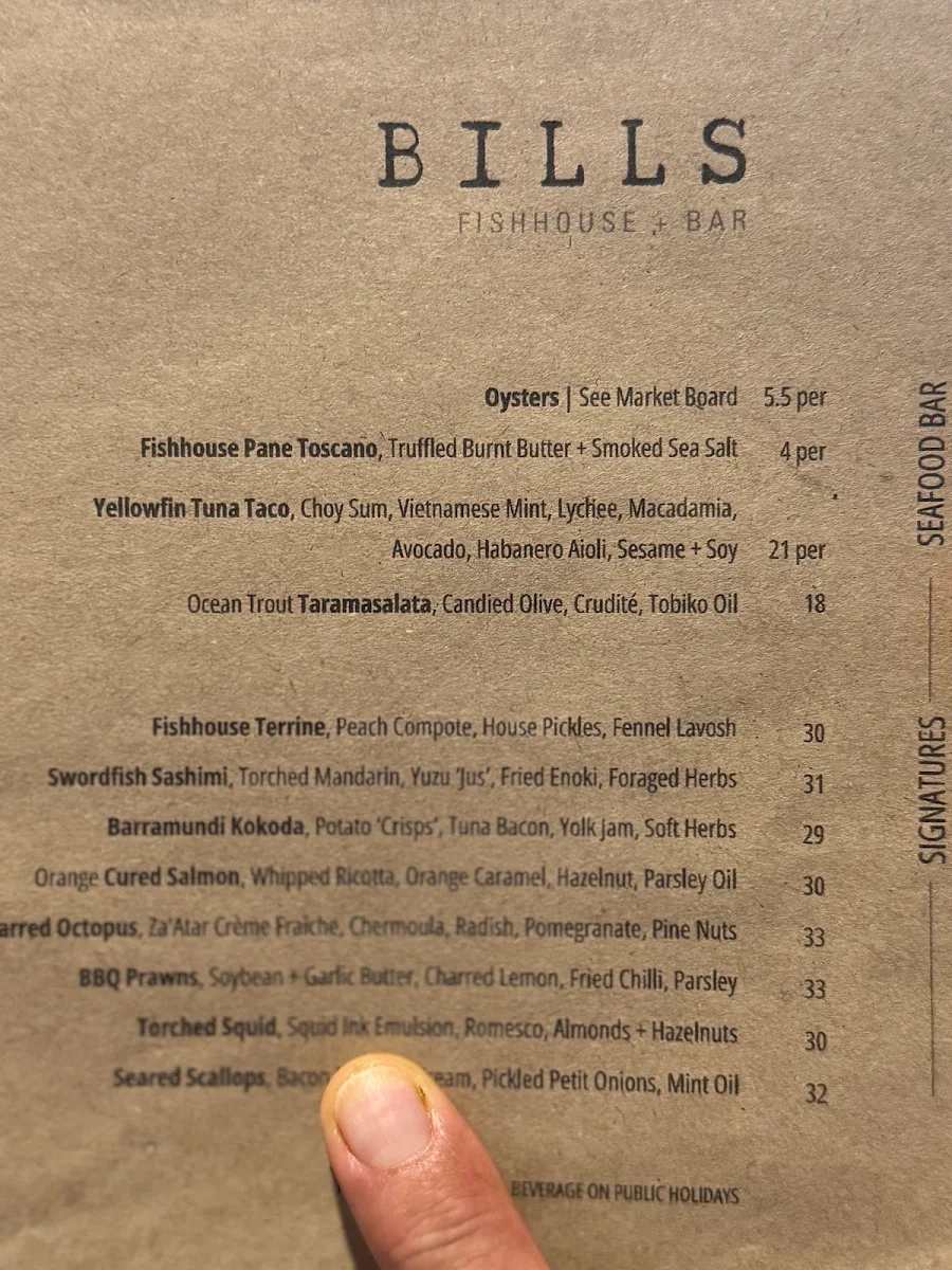 Menu, Bills Fishhouse & Bar