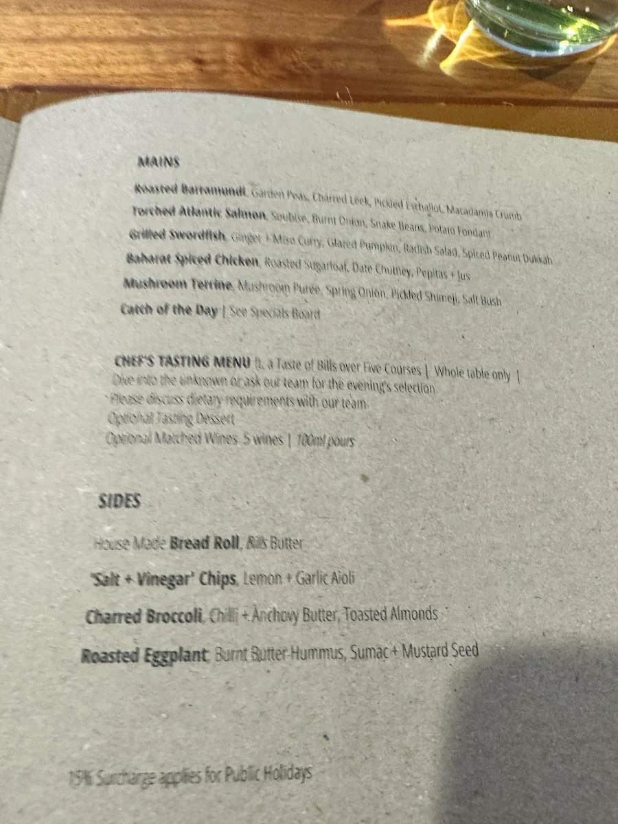 Menu, Bills Fishhouse & Bar