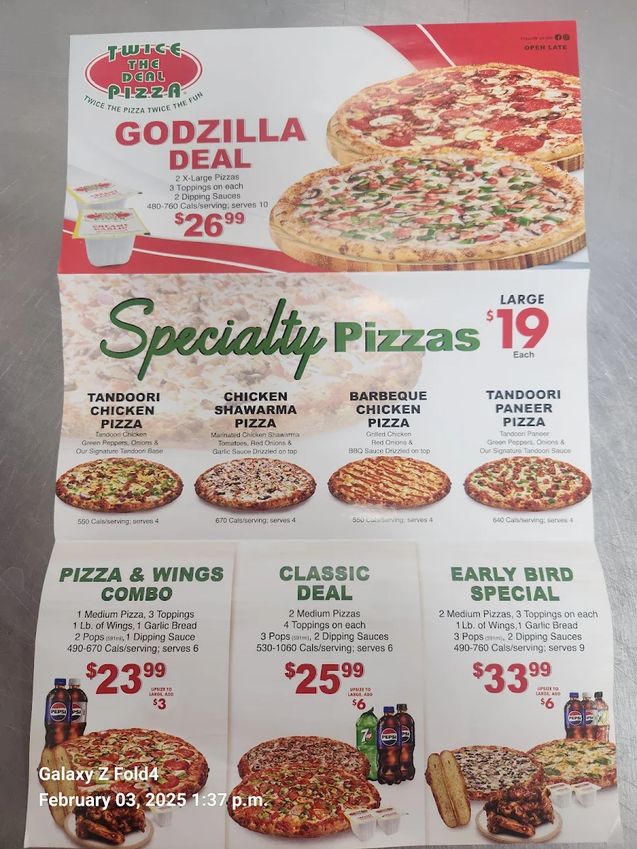Menu, Twice The Deal Pizza